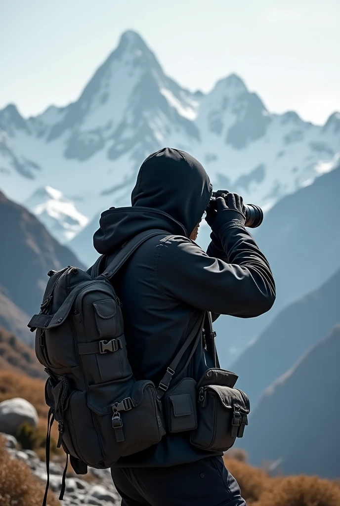 a mystery man wearing cap and hoodies with black colour jacket. working as photographer. taking mountain pictures. hs picture from behind. more bags on his body like army. sniper
