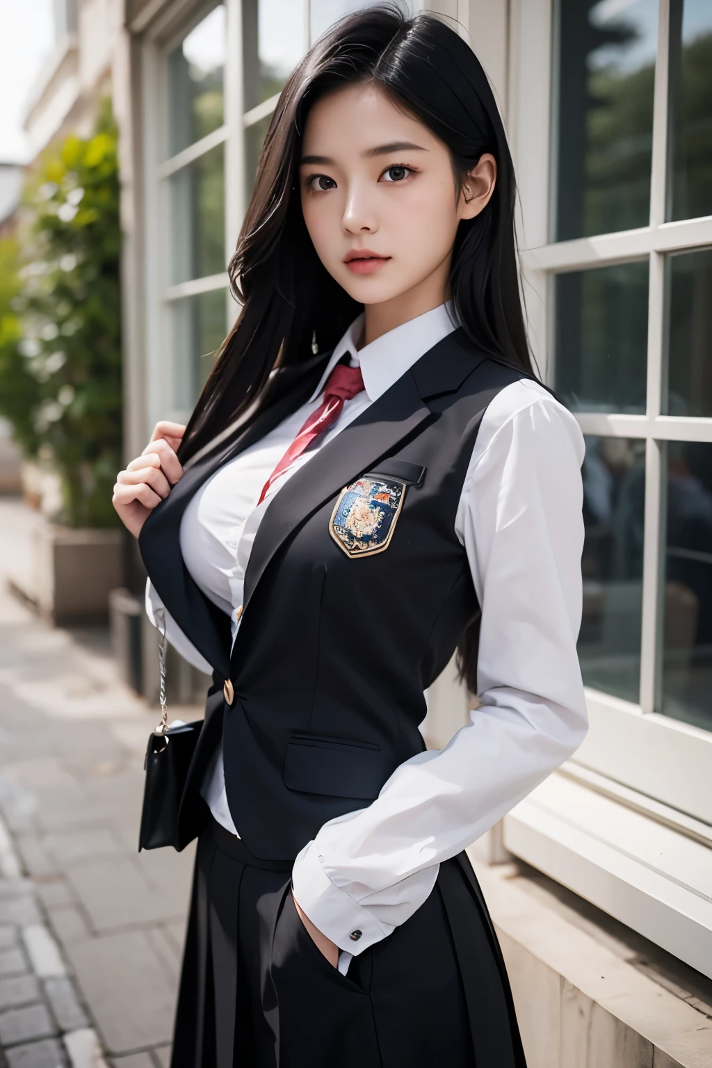 Asian、model、Black Hair、Long Hair、Big Breasts、Topless、uniform、School、A woman lifting her clothes to reveal her breasts