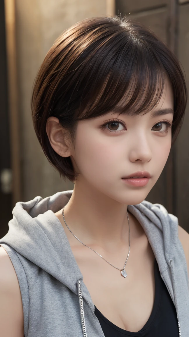 masterpiece, Highest quality, Very detailed, 8k, Realistic, One Girl, alone, Tomboy, Very detailed face, (head shot:1.5), Upper Body, silver pixie cut hair, She is wearing a short tank top and an open zippered hoodie., I can see her cleavage,Emphasise that you're not wearing a bra、Reaching into the pocket of a hoodie,Futuristic urban landscape