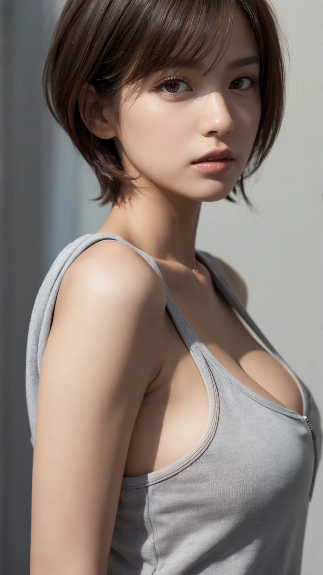 masterpiece, Highest quality, Very detailed, 8k, Realistic, One Girl, alone, Tomboy, Very detailed face, (head shot:1.5), Upper Body, silver pixie cut hair, She is wearing a short tank top and an open zippered hoodie., I can see her cleavage,Emphasise that you&#39;re not wearing a bra、Reaching into the pocket of a hoodie,Futuristic urban landscape