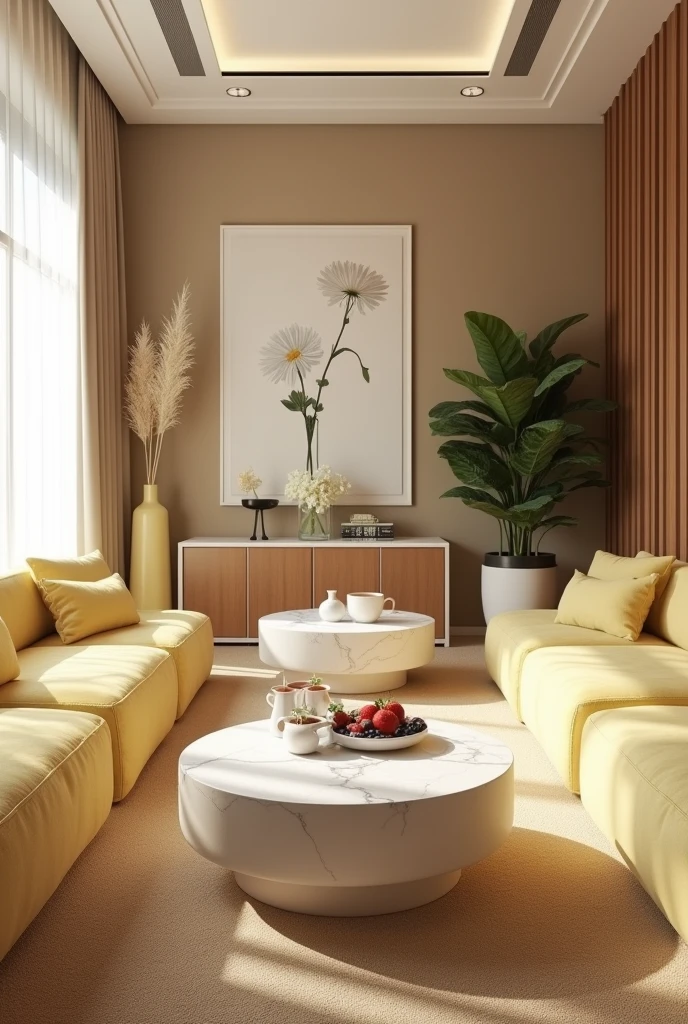 Professional 3d architecture rendering design of modern and minimal relax room with light lemon colour modern velvet 2 Florence sofa and white stone marble table modern and modern ceiling lighting and elegant ceiling lighting and light wooden consulate and modern ceiling lighting and elegant wall painting and elegant accessories and elegant green space and beautiful wall painting and modern windows and beautiful curtains and warm color for carpet and beautiful relax room and one dish of strawberry and blueberry and chocolate and cup of coffee on the table