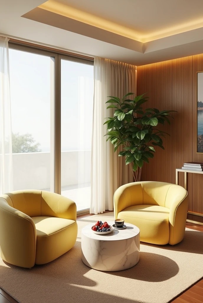 Professional 3d architecture rendering design of modern and minimal relax room with light lemon colour modern velvet 2 Florence sofa and white stone marble table modern and modern ceiling lighting and elegant ceiling lighting and light wooden consulate and modern ceiling lighting and elegant wall painting and elegant accessories and elegant green space and beautiful wall painting and modern windows and beautiful curtains and warm color for carpet and beautiful relax room and one dish of strawberry and blueberry and chocolate and cup of coffee on the table