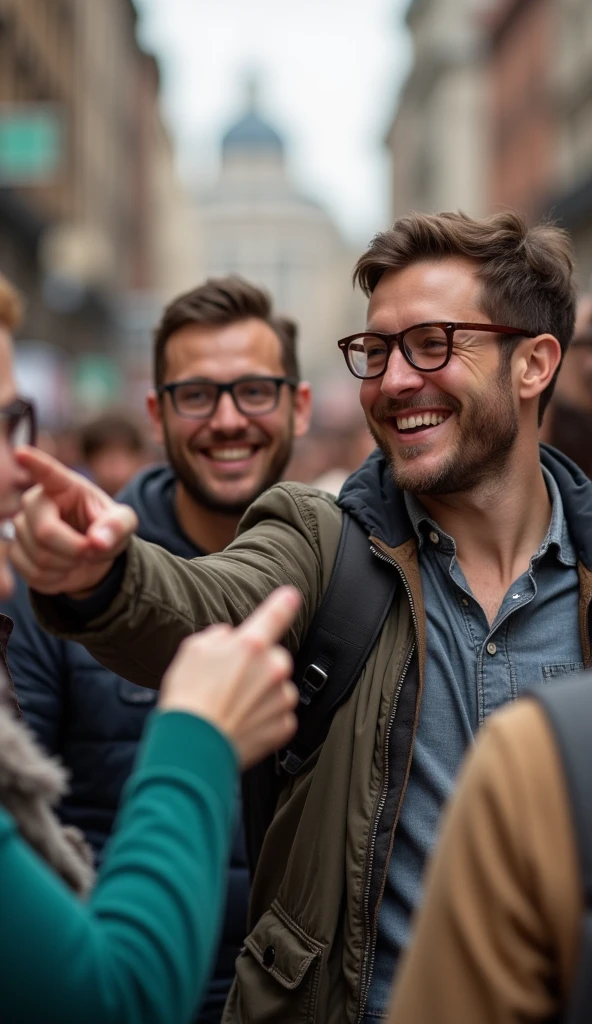 People pointing and smiling at someone wearing wooden glasses