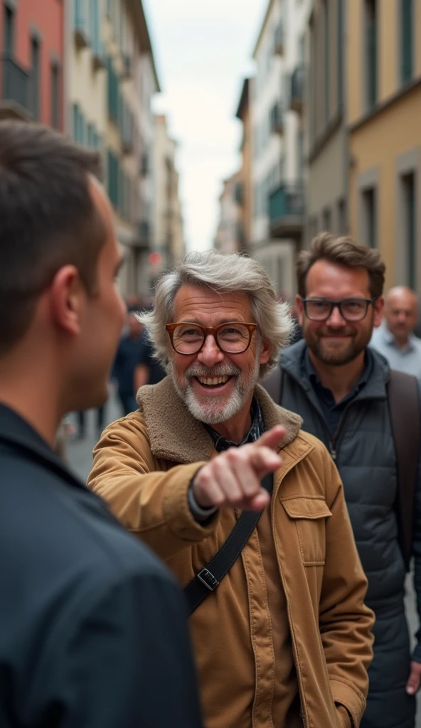 People pointing and smiling at someone wearing wooden glasses
