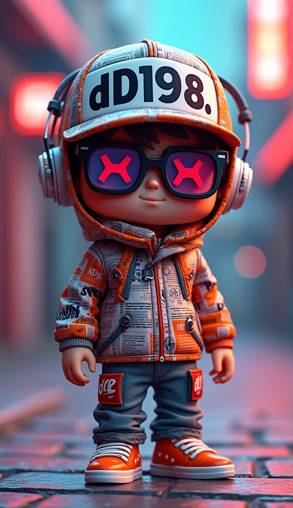 A unique toy character with a pixel art style. The character wears a hat with the text 'D&D198' displayed prominently on the front panel, in a stylish font. The character also has glasses, with one lens showing 'Xand the other x ensuring the text is legible. The character is dressed in modern streetwear, detailed with newspaper and magazine elements instead of regular patterns, and vibrant colors. The background is colorful, making the character look stylish and futuristic. The image should have a high-quality, C4D-style render