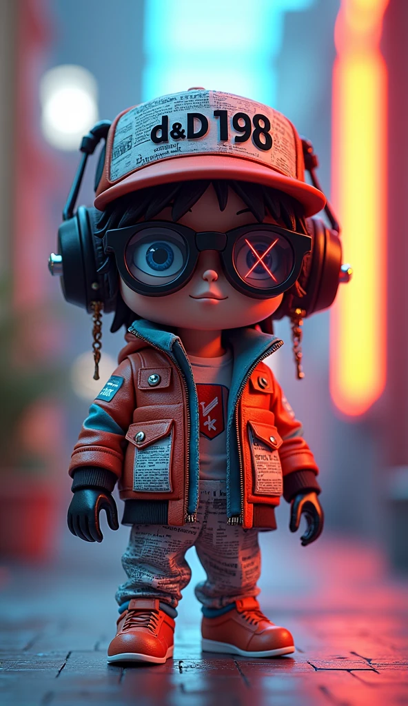A unique toy character with a pixel art style. The character wears a hat with the text 'D&D198' displayed prominently on the front panel, in a stylish font. The character also has glasses, with one lens showing 'Xand the other x ensuring the text is legible. The character is dressed in modern streetwear, detailed with newspaper and magazine elements instead of regular patterns, and vibrant colors. The background is colorful, making the character look stylish and futuristic. The image should have a high-quality, C4D-style render