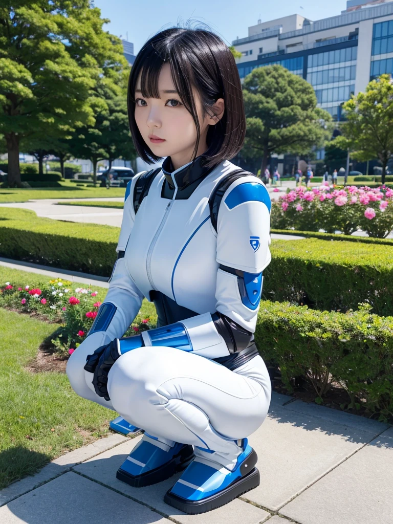 Japanese female android,Black Hair,White and blue robot suit,Plump,Looking at flowers in a flowerbed in the park,Squat,