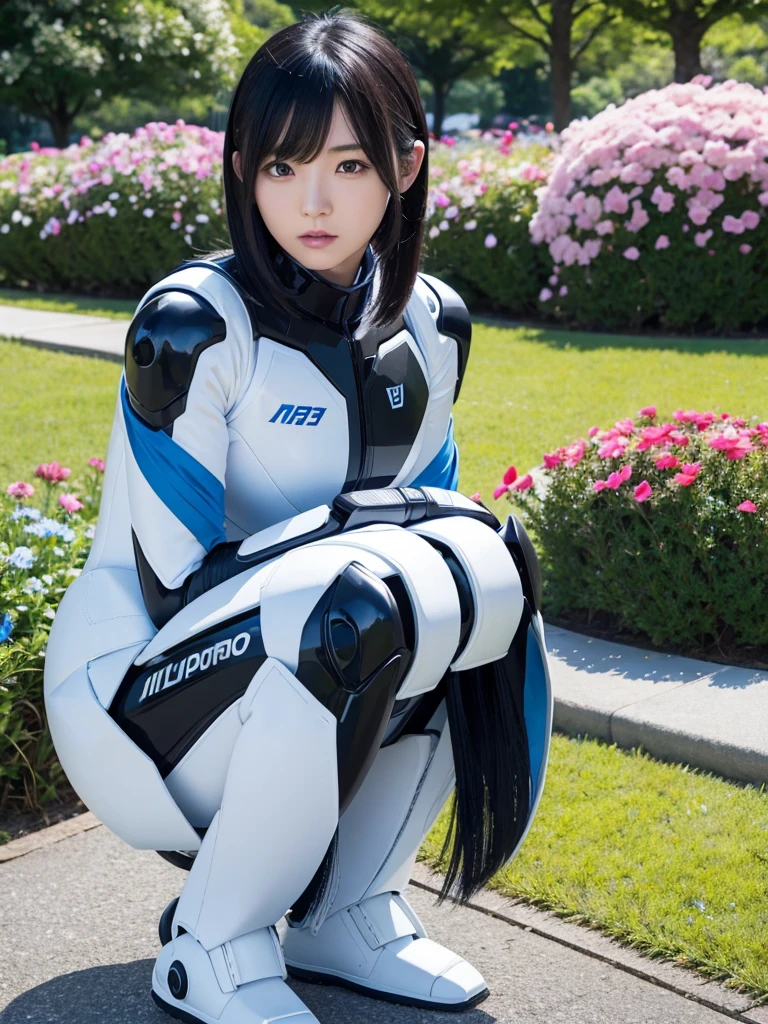 Japanese female android,Black Hair,White and blue robot suit,Plump,Looking at flowers in a flowerbed in the park,Squat,