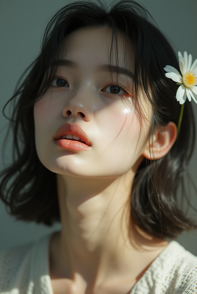 A beautiful Asian woman with medium length hair, a dayflower in her hair, looking up with a pensive expression, dramatic light and shadow, polaroid effect, detailed portrait