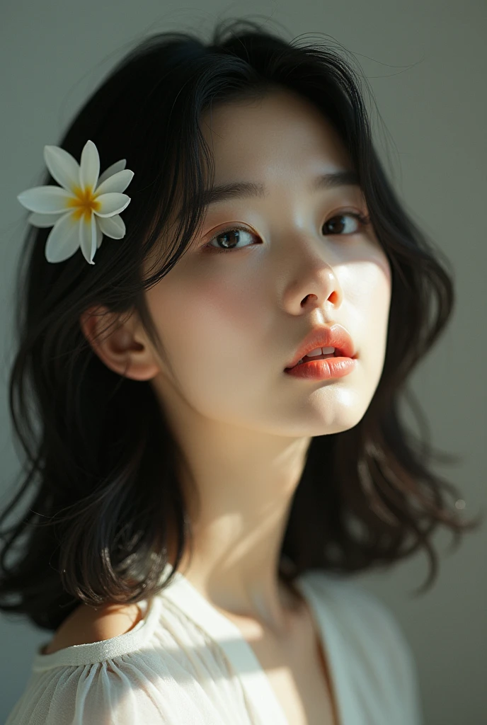 A beautiful Asian woman with medium length hair, a dayflower in her hair, looking up with a pensive expression, dramatic light and shadow, polaroid effect, detailed portrait