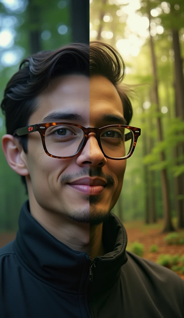 A split-screen: one side showing a person comfortably wearing wooden glasses, the other showing a forest
