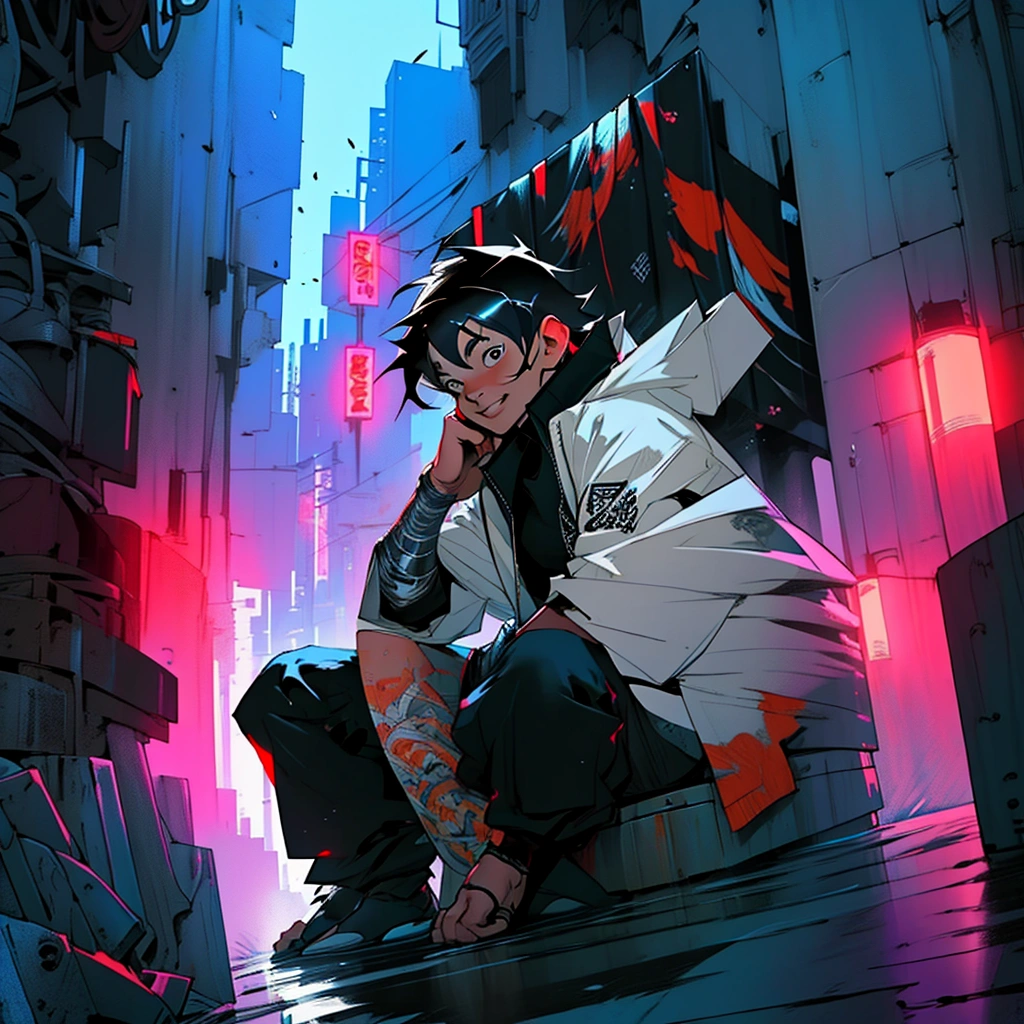 masterpiece, best quality), (Complex lighting), 1 boy, Solitary, , black eyes, Smile, Sit in front and play games,City background,anime boy，Panoramic view