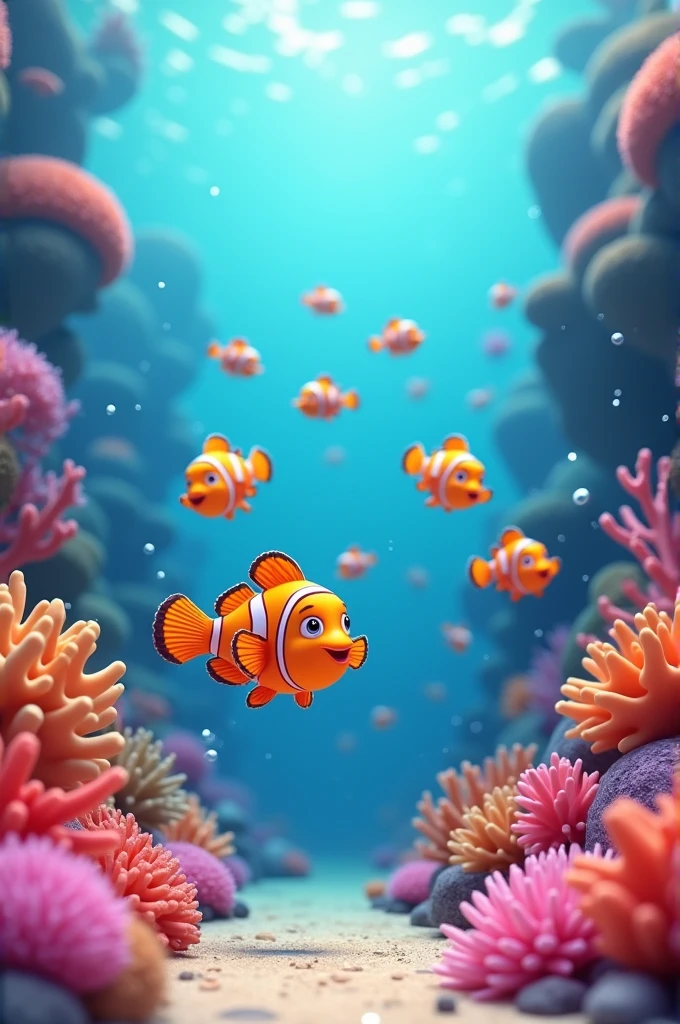 Cartoon 3d Colourful Coral fish and coral garden underwater
