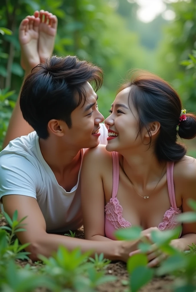 A handsome Indonesian man wearing a white T-shirt, a beautiful Korean woman wearing a torn pink tank top , they are doing exercises lifted spread the legs by lying on the ground in the plantation