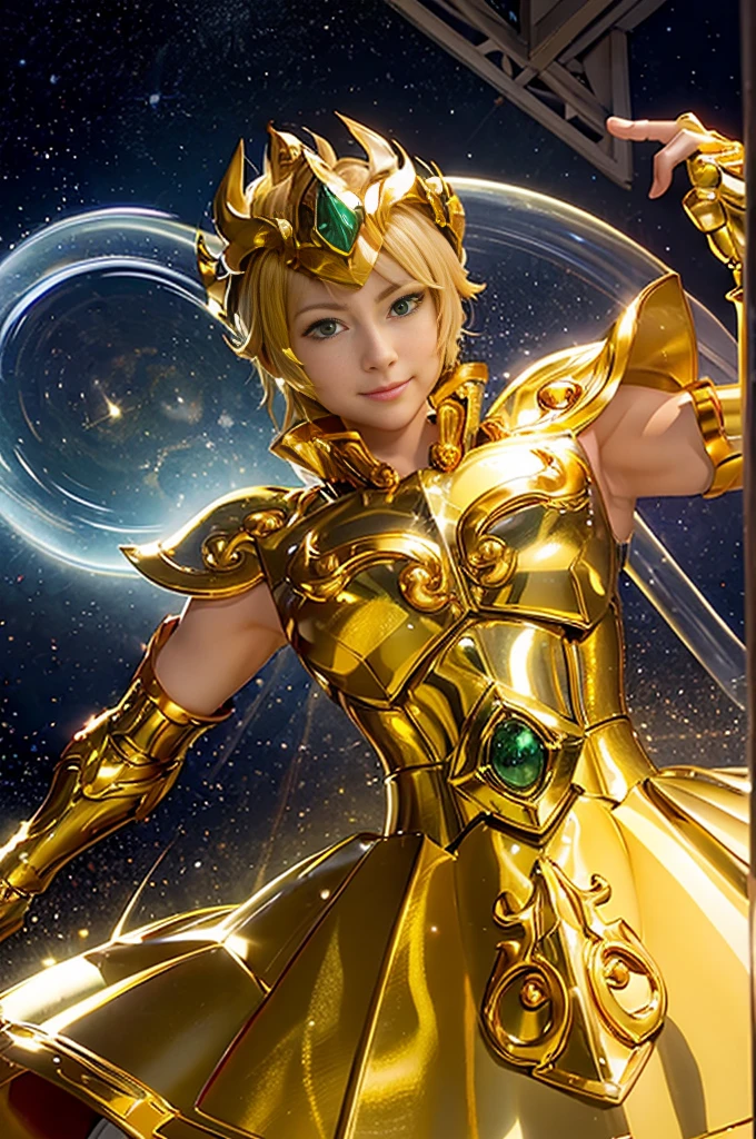 Highest quality, 8k, Super detailed, High resolution, Realistic skin texture, armor, (Realistically: 1.4), High resolution,Ultra HD、Ultra-clear、White and beautiful translucent skin、Beautiful and well-proportioned face、Cute smile、Saint Seiya of Libra、全身を黄金のarmorで覆う、黄金のarmorを纏った聖騎士、Golden Tiara、全身を派手な彫刻で覆う黄金のarmor、重厚感のある金色のarmor、Translucent beautiful green eyes、Blonde Short-Haired、Big Breasts、Outer space background、