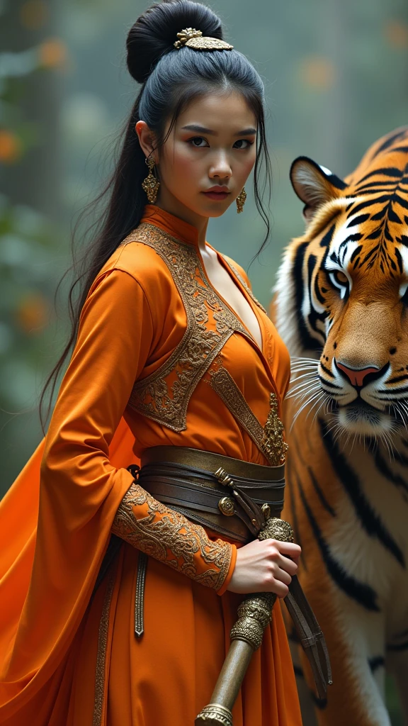 Orange lady Warrior suit with hammer of fairy of art, together with a tiger( make the stripe of it a art ), high quality, (RAW photo, best quality), (realistic, photorealistic: 1.4), (extremely delicate and beautiful: 1.4), amazing, fine details, masterpiece, ultra detailed, high resolution, best illustration, best shadow, intricate, ( extremely intricate: 1.2), (exquisitely detailed skin), cinematic light, perfect anatomy, (cool color: 1.4), sharp focus, 8k UHD, DSLR, (Fujifilm XT3),(estilo cinematográfico :1.4), (efectos cinematográfico :1.4), (colores cinematográfico), Epic Fantasy Art Style HD, 4K fantasy art, epic fantasy digital art style, epic fantasy art style, Fantasy Woman, epic fantasy art portrait, Epic fantasy style, hyperrealistic fantasy art, hd fantasy art, Epic fantasy character art, epic fantasy art, in style of dark fantasy art, epic fantasy digital art