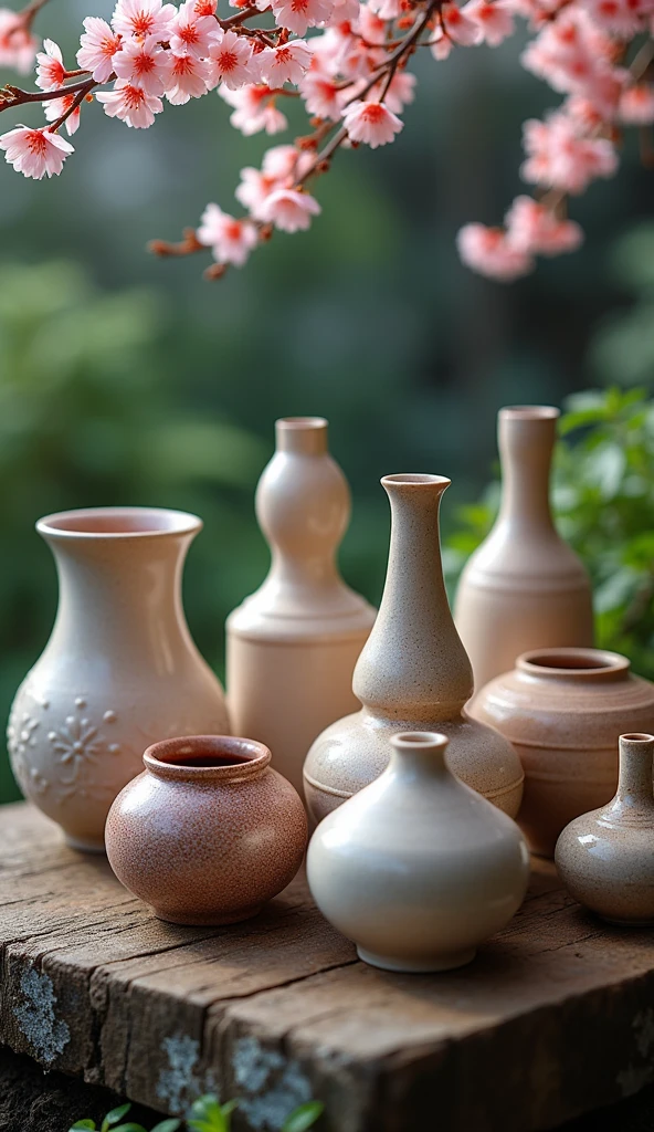 traditional Japanese pottery, collection of ceramic pots and vases, intricate patterns and textures, glowing under soft ambient light, mystical atmosphere, serene and peaceful setting, lush garden backdrop, detailed craftsmanship, variety of shapes and sizes, harmonious composition, delicate color palette, reflection on smooth surfaces, hints of cherry blossoms, gentle fog, touch of ancient Japanese culture
