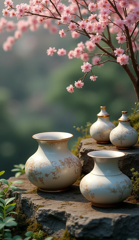 traditional Japanese pottery, collection of ceramic pots and vases, intricate patterns and textures, glowing under soft ambient light, mystical atmosphere, serene and peaceful setting, lush garden backdrop, detailed craftsmanship, variety of shapes and sizes, harmonious composition, delicate color palette, reflection on smooth surfaces, hints of cherry blossoms, gentle fog, touch of ancient Japanese culture