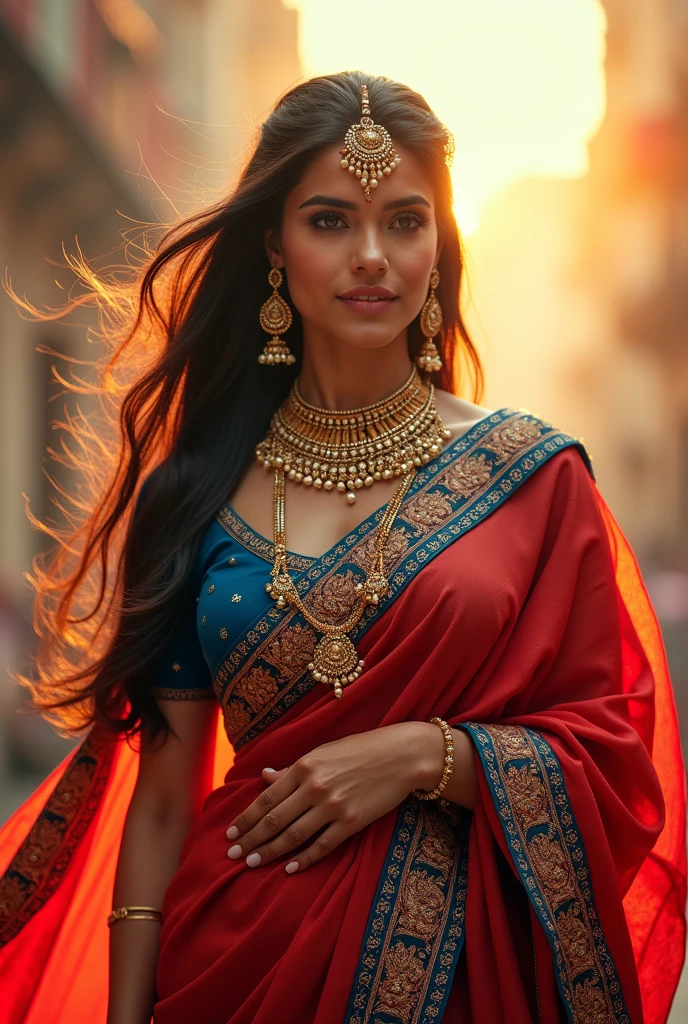 Business card with new corrections background sunlighting and creator new woman red blue colour combo sarees and feel strong  hair straightener mang tika and heavy jewellery
