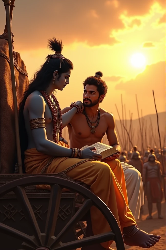 The image depicts Lord Krishna sitting on a chariot, with Arjuna standing beside him. Krishna is holding the Bhagavad Gita in his hand, and his right hand is placed on Arjuna's shoulder. Arjuna is looking up at Krishna with a contemplative expression, as if listening intently to his words. The chariot is surrounded by a halo of light, symbolizing the divine presence of the Lord.
In the Here is the rest of the description:
In the background, the battlefield of Kurukshetra is visible, with the armies of Pandavas and Kauravas gathered in preparation for war. The sun is setting, casting a golden glow over the scene. The image conveys the moment when Krishna, as the charioteer, is imparting divine guidance and wisdom to Arjuna, the warrior, on the eve of the greatest battle of the Mahabharata.