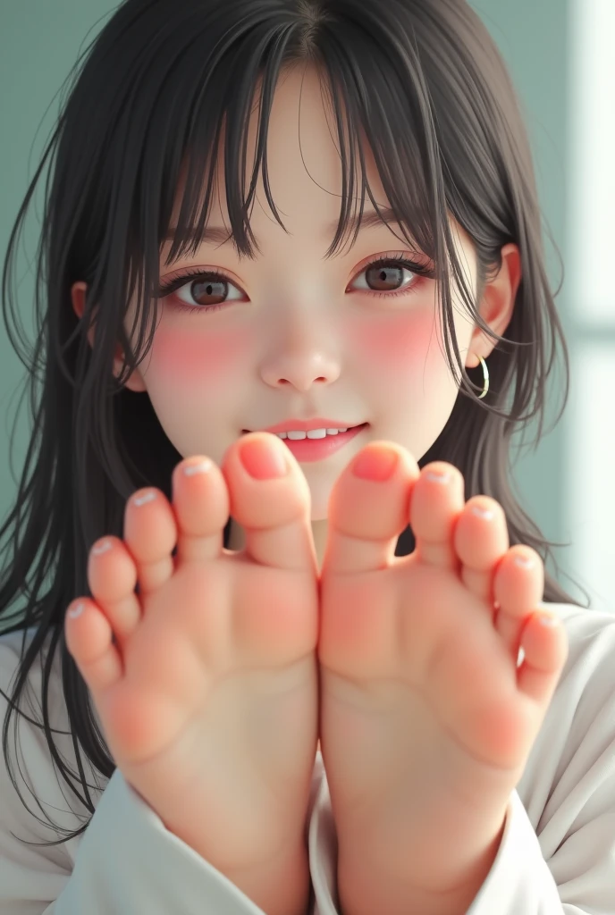 Japanese girl,smiling, showing soles of feet,((5 toed feet)),feet scrunch, blushing,perfect feet,clear image,no blur,high res