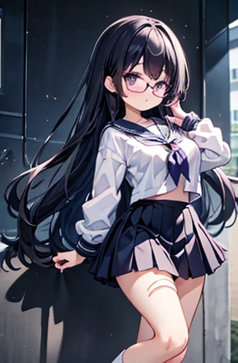 Elementary school girl Large Breasts Black Hair Long Hair Purple eyes 1 person Glasses Short-sleeved sailor uniform Navy blue mini skirt White panties White socks sneakers Are standing Dynamic Angle Low - Angle