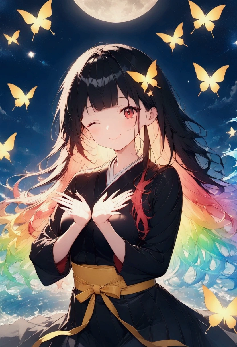 A woman winking,Making a heart with hands Rainbow hair,Long Hair,Black kimono,Shoulder,Yellow belt,samurai　Yellow butterfly,night,shoulder,old,garden,water surface　moon　star　Draw your sword　Slashing　Catch the wind　autumn