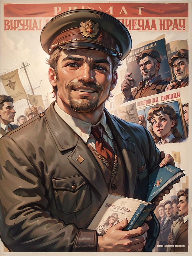 (best quality:1.2), Burly man holding a book，The cover has the words &quot;Das Kapital&quot;，Wide-angle lens，Smile, Profile,Dynamic Angle， Soviet Union, poster,  8k，masterpiece，