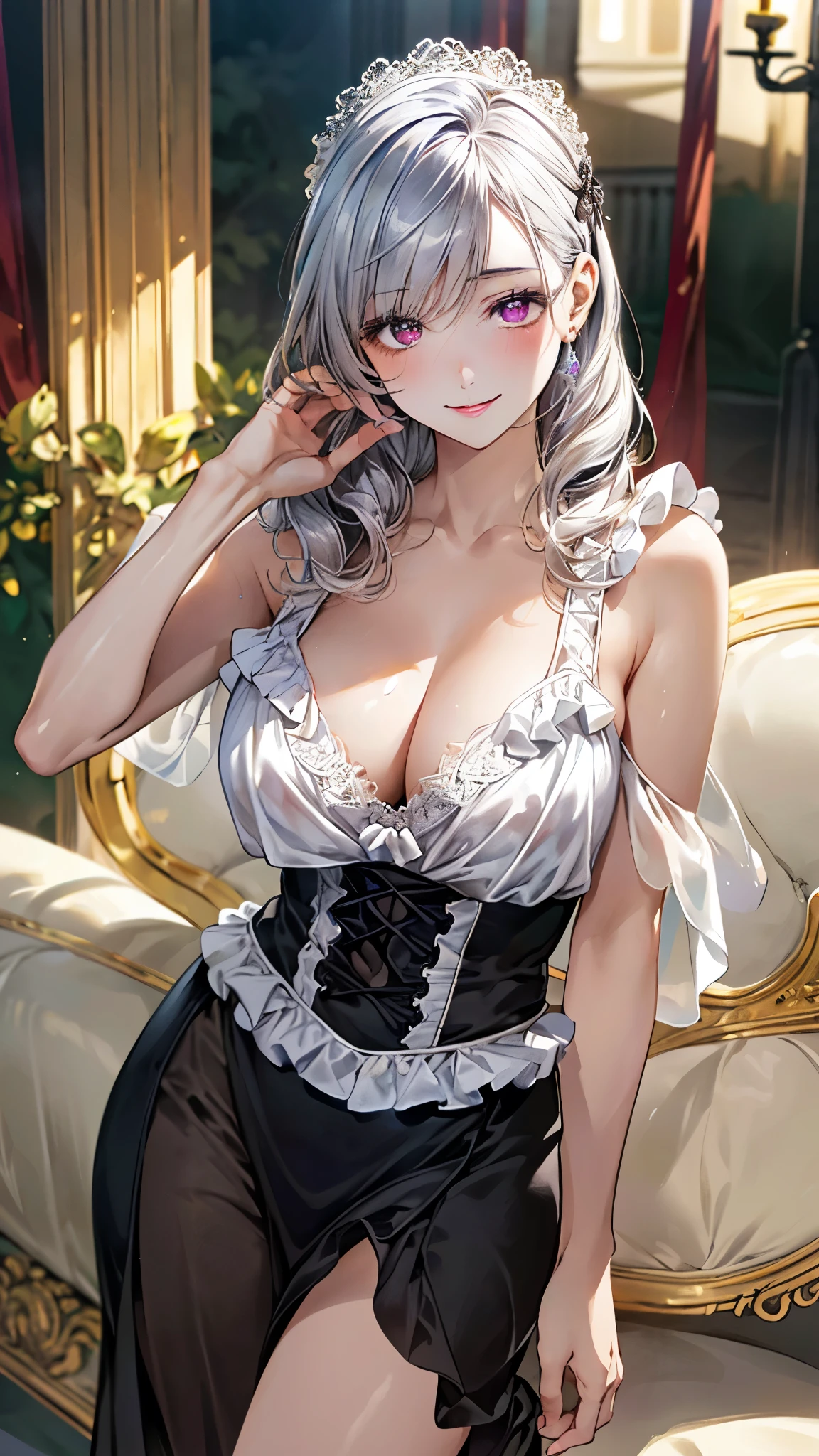 (masterpiece:1.3, top-quality, ultra high res, ultra detailed), (realistic, photorealistic:1.4), beautiful illustration, perfect lighting, natural lighting, colorful, depth of fields, surrealism,
beautiful detailed hair, beautiful detailed face, beautiful detailed eyes, beautiful clavicle, beautiful body, beautiful chest, beautiful thigh, beautiful legs, beautiful fingers, shiny skin, babyface,
looking at viewer, selfie, 1 girl, high school girl, (perfect anatomy, anatomically correct, super detailed skin), cute and symmetrical face, perfect face, perfect eyes,
(middle hair, twin drill, silver hair), hide one eye with bangs, red eyes, big eyes, (round eyes), glossy lips, long eyelashes, (large breasts:1.5, seductive thighs), (beautiful chest line), attractive big breasts, (slim body shape:1.4, a woman with a slender figure and big breasts),
(((goth dress, black and purple gothic ta dress, voluminous skirt:1.2, big ribbon, headdress, ornaments made with delicate craftsmanship, lace fabric, delicate embroidery and frills, see-through material was used))), clavicle,
(beautiful scenery), evening, (luxury room, red sofa with decoration, soft light), ((baroque:1.1)), standing:1.2, ((facing the front:1.2)), (elegant posture:1.5, posing for a photo shoot, sexy pose), (((very relaxed smile:1.5, happy expression))),