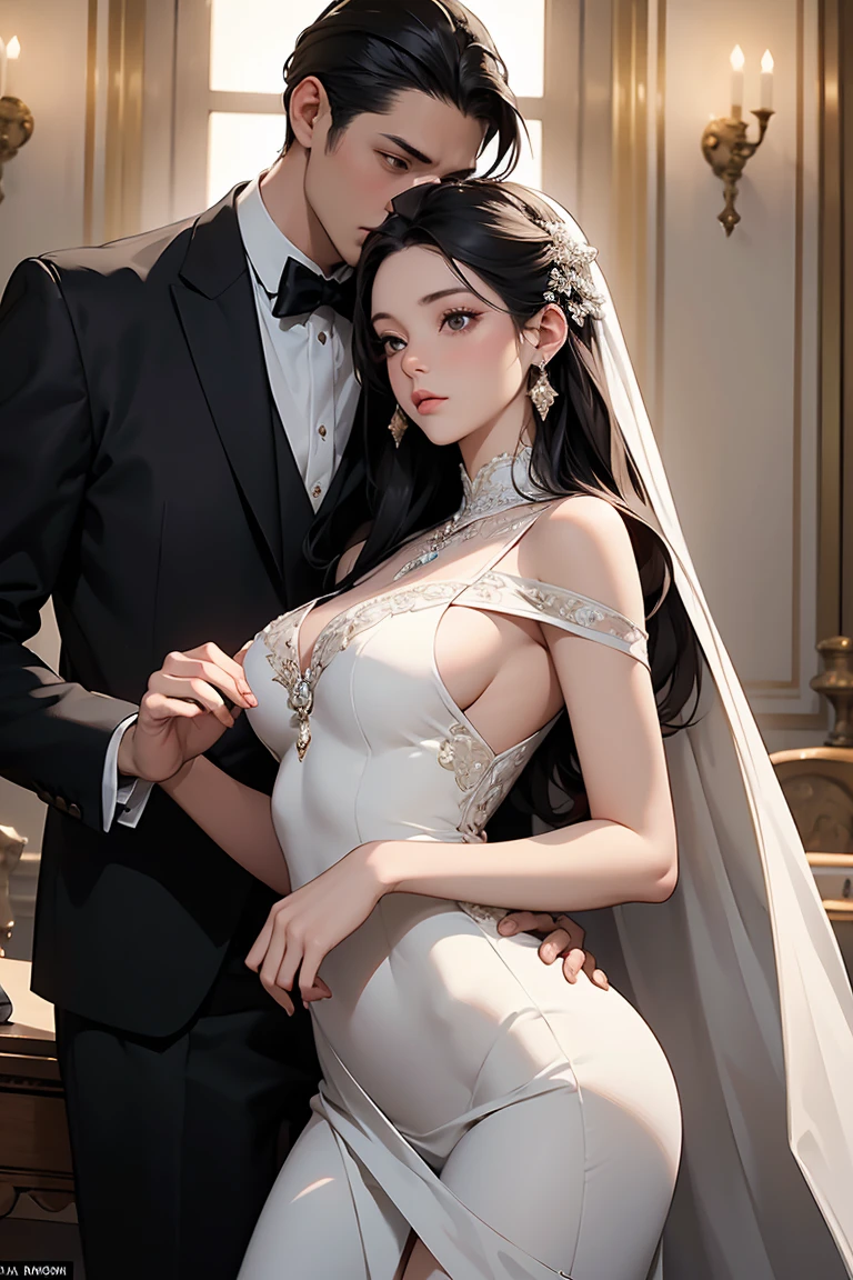 A stunning, elegant scene featuring a central female figure in a luxurious, flowing white gown with intricate detailing, her long, dark hair cascading gracefully over her shoulders. She stands confidently between two impeccably dressed men in sharp black suits. The setting is a refined, sunlit room with large windows, casting a soft glow on the trio. The atmosphere is charged with intensity, capturing the complex dynamics of power, attraction, and hidden agendas. Focus on the opulent clothing, the poised and alluring expressions, and the sense of high-stakes drama that binds these characters together
