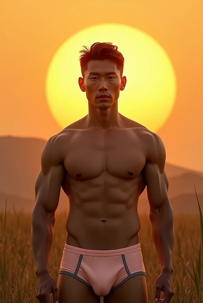 In the captivating image is a handsome Chinese man 3 with his rays.,The background in the sky has a big and bold sun, his charm radiates as he proudly shows off his six-pack in a full-length standing pose.. He is wearing sexy pastel-colored underwear, which accentuates his body shape, He stands in the middle of a farm setting., a large sunrise behind him, Bathed in the golden light of a beautiful day. With unmatched attention to detail., This photorealistic portrait combines the style of National Geographic., Capture every detail of his textured skin in 8k resolution. Leica digital SLR camera. His features are clearly visible., From his deep-set eagle-like eyes to his chiseled jawline., Make this image a true masterpiece.. Lift. (8K UHD、RAW Photography、Leica Digital SLR Photorealistic Portrait、Realistic image), large bulge