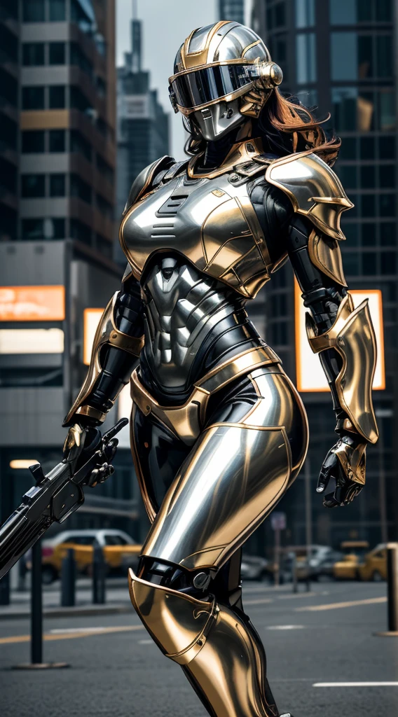 Female Robocop Solo、Bright outdoors、strong light source、8k, high quality, masterpiece, 最high quality, Crisp contrast、Very detailed、full body armor、Very large armor、Helmet covering the head、Clear photos、The eyes are pale, Translucent Straight Goggles.:1.3、The lower half of the face is raw々Shii々Shii:1.5、The lower half of the face is exposed、Seductive lips、Orange and silver metallic armor、black accent color、Armor that completely covers the chest、length, Thin legs、Vibrant Posello Body View,Big and ample breasts:1.5, (Sports Body:1.5)、Five Fingers、Hold a gun、In the city