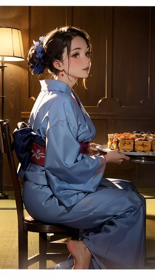 1 girl, office lady, large , earrings, brown hair, tying hair, (((wear Yukata))), sit on a chair, Drinking beer, eating a mountain of food, cute face, smile, blushing, at the hot spring hotel buffet, ((((hotel buffet))), (((front view))), low angle, whole body, angle of view looking up from feet, best quality, depth of field, cinematic lighting, aesthetic, detailed face ((realistic)), detailed clothes ((realistic)),