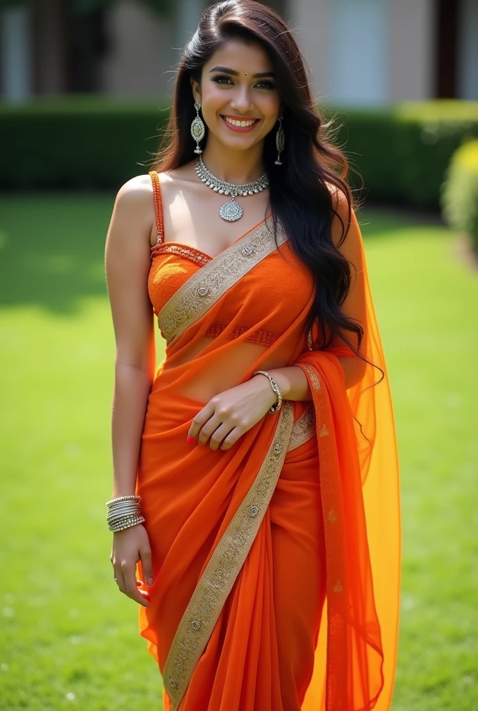 Perfect  Indian sexy wife with embroidered soft net saree, sleeveless braotte blouse , HDR, 8k, hyper detailed, best quality, ultra-high resolution, HDR, 8k, walking on the lawn , look at viewer, waist level view, bright smile, wearing platinum ornaments, casual pose ,  average body with 36 D size breasts,26 hip size and 36 waist size, waist level view, show background 