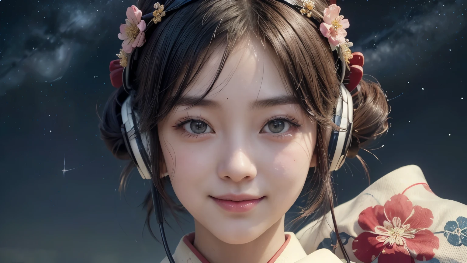 (masterpiece, highest quality, Realistic, High resolution, photograph, :1.3), Sharp focus, 1 Cute Japanese Girl, Hot Model, Highly detailed eyes and pupils, Realistic Skin, Highly detailed hair, Delicate face, Sensual look, Bright lips, Natural Lip, standing pose, smile, (Furisode:1.5), (Floral:1.2), ((sash)), ((obi)), outside of home, (Japanese Style Country), ((headphones)), ((background: night, starry sky)), ((ukiyo-e style)), ((smile)), ((1 girl)), ((close up)),