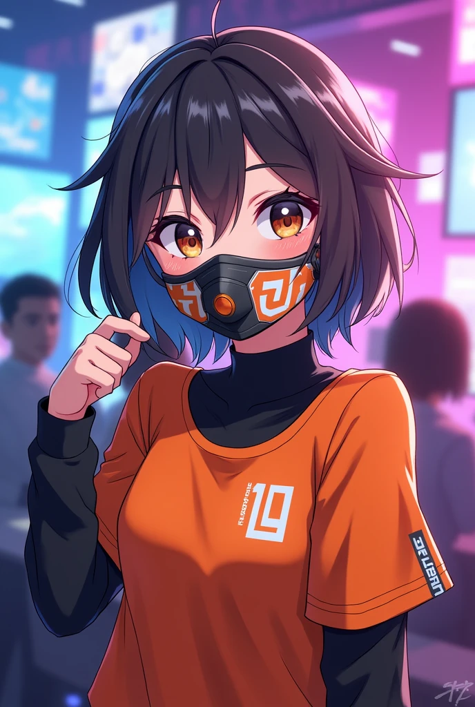 A short game commentator who wears a mask with the word "Ten" written on it。The outfit is Japanese-style, orange with black undershirt.。Moe sleeves。Her hairstyle is a bob with a mashed edge.