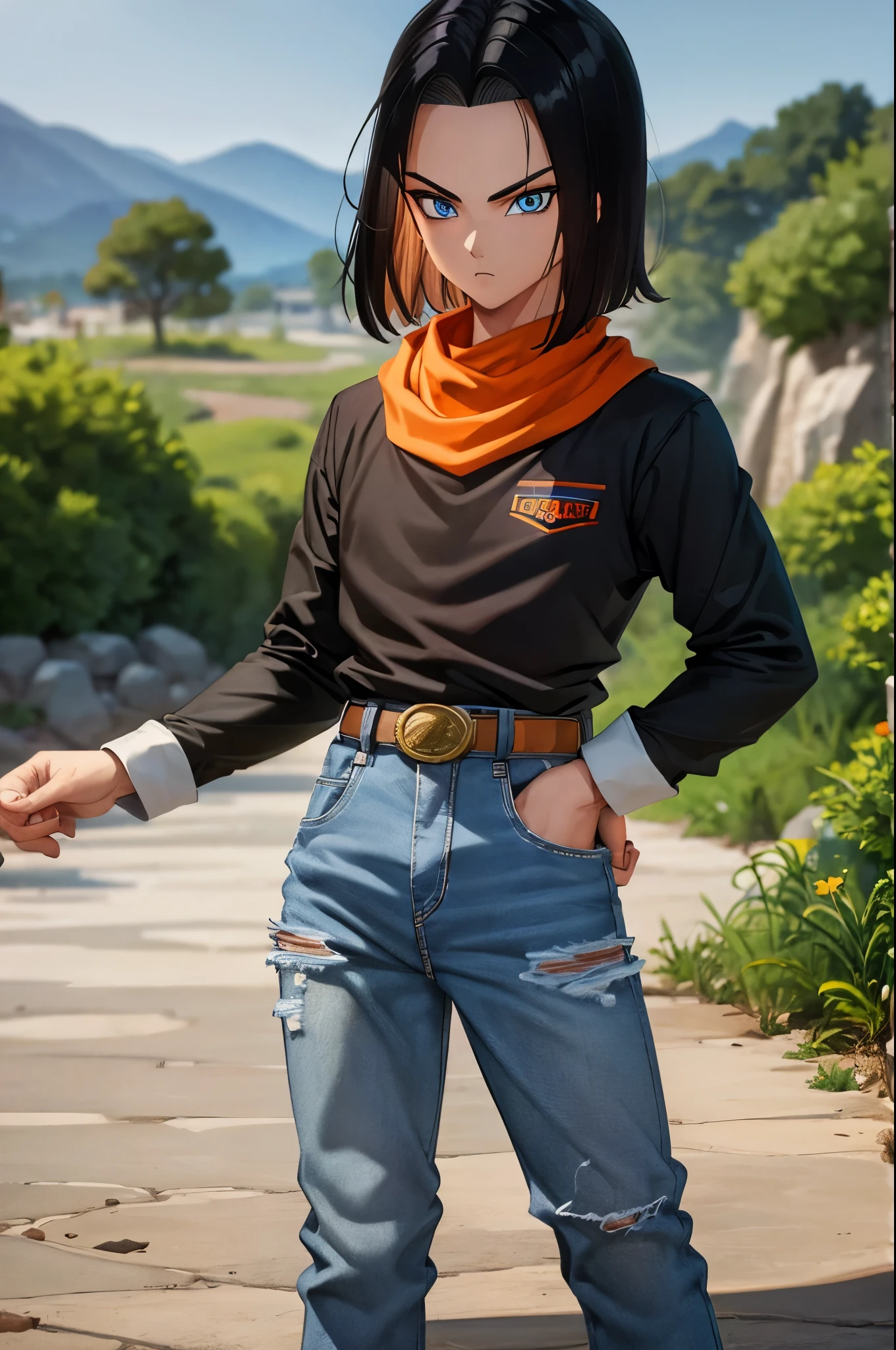 A masterpiece, best quality, detailed and expressive eyes, perfect facial features, high resolution, 1 boy, alone, android 17-inspired boy, (male body:1.3), blue eyes, black hair, parted hair, short hair, black shirt, jeans, layered shirt, white sleeves, orange bandana, blue sneakers, green socks, brown belt, red freckles, outdoor, landscape, standing, portrait, looking at viewer