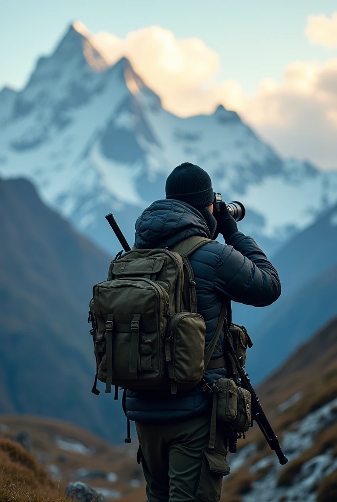 a mystery man wearing cap and hoodies with black colour jacket. working as photographer. taking mountain pictures. hs picture from behind. more bags on his body like army. carry sniper gun.