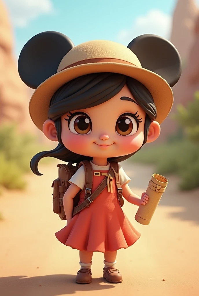 give me a chibi avatar like disney. her body is cute and elegant. she is a traveler with a simple backpack and a rolled map at the bag