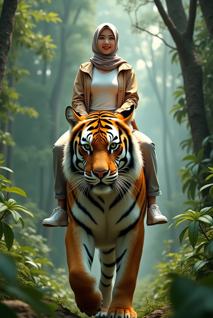 1 beautiful Korean adult hijab woman,berjilbab,senyum.wear a t-shirt,jaket fashion hijab.dan celana panjang.white shoes. riding a giant tiger in the jungle, very big tiger, tampak depan, facial details.

