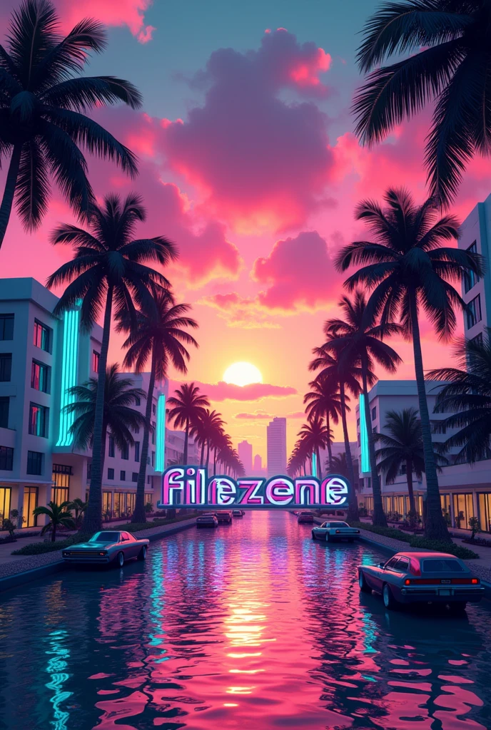 J'aurais besoin que tu me crée une image de profil pour mon serveur GTA RP sur PS4, qui s'appelle "🌴FILZONE RP🌴".
J'aimerais que l'image soit inspirée par le décor de Miami, avec des couleurs néon, un coucher de soleil, des palmiers, et des bâtiments Art déco.
Le nom "🌴FILZONE RP🌴" devrait être bien visible au centre, avec un style de texte dynamique, utilisant des couleurs comme le rose, l'orange et le turquoise.
Est-ce que tu pourrais me faire ça ?
