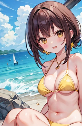 masterpiece、Highest quality、High resolution、Tropical Summer、(Swimsuit 2nd place:1.3)、(Yellow Bikini:1.3),1 girl、Use your brain、alone、Laughter、Beach、Looking at the audience,Large Breasts