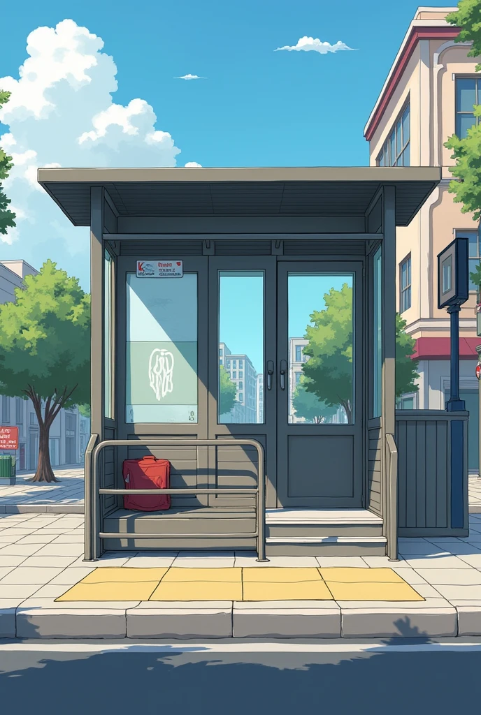 single-deck bus stop with steps, and horizontal bars for arm support 