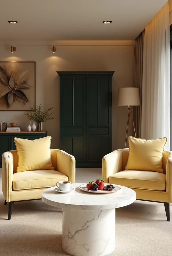 Professional 3d architecture rendering design of modern and minimal relax room with light lemon colour modern velvet 2 Florence sofa and white stone marble table modern and modern ceiling lighting and elegant ceiling lighting and light wooden consulate and modern ceiling lighting and elegant wall painting and elegant accessories and elegant green space and beautiful wall painting and modern windows and beautiful curtains and warm color for carpet and beautiful relax room and one dish of strawberry and blueberry and chocolate and cup of coffee on the table and dark green and black wooden closet