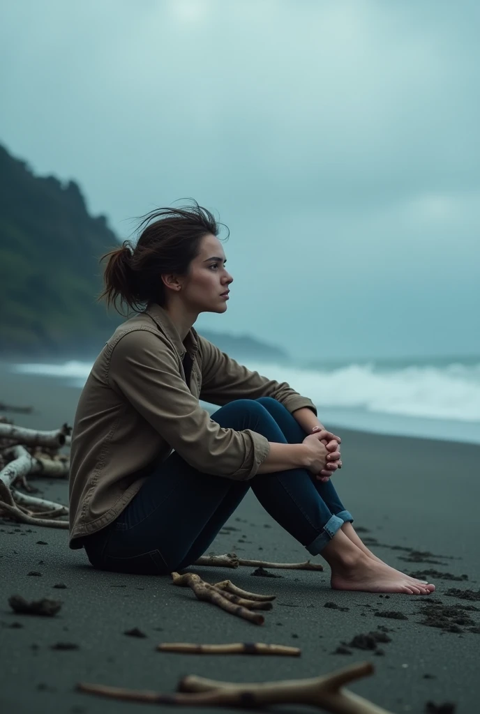 after the storm、South Island Beach、Drifting and drifting、A young woman waiting for help、Sit with your knees hugged、Looking out to sea