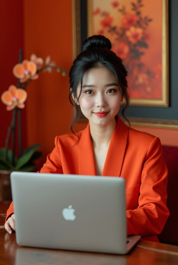 Beautiful Korean Women , smooth white skin, well-groomed face,black hair, bun up Korean style, , baju hudle rajut warna merah jingga , sitting pose.eyes looking at camera,smiled faintly,on the table there is an iPhone laptop ,sitting on a very luxurious sofa, cargo pants,,.in the luxurious room Red orange color , Background, there are beautiful flower paintings and orange red orchids. 