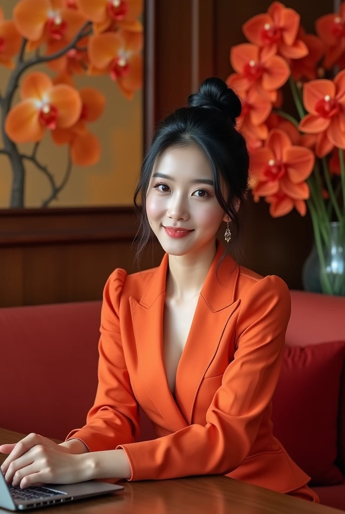 Beautiful Korean Women , smooth white skin, well-groomed face,black hair, bun up Korean style, , baju hudle rajut warna merah jingga , sitting pose.eyes looking at camera,smiled faintly,on the table there is an iPhone laptop ,sitting on a very luxurious sofa, cargo pants,,.in the luxurious room Red orange color , Background, there are beautiful flower paintings and orange red orchids. 
