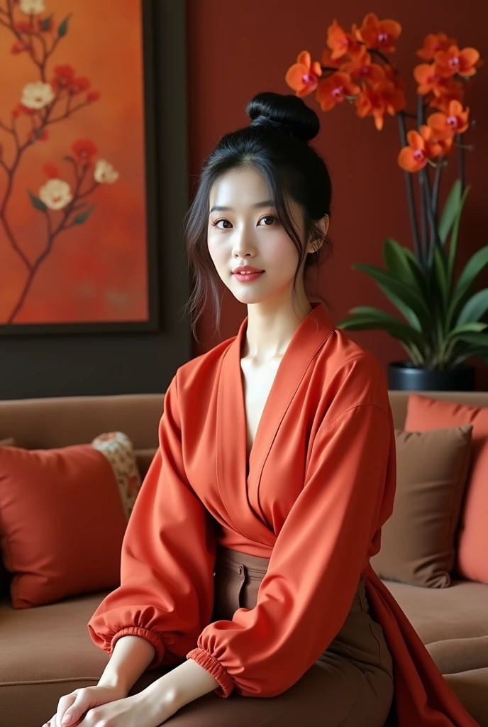 Beautiful Korean Women , smooth white skin, well-groomed face,black hair, bun up Korean style, , baju hudle rajut warna merah jingga , sitting pose.eyes looking at camera,smiled faintly,on the table there is an iPhone laptop ,sitting on a very luxurious sofa, cargo pants,,.in the luxurious room Red orange color , Background, there are beautiful flower paintings and orange red orchids.