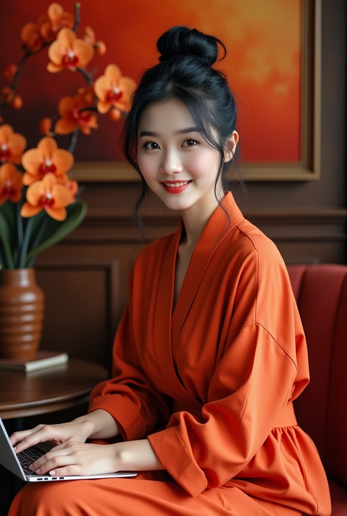 Beautiful Korean Women , smooth white skin, well-groomed face,black hair, bun up Korean style, , baju hudle rajut warna merah jingga , sitting pose.eyes looking at camera,smiled faintly,on the table there is an iPhone laptop ,sitting on a very luxurious sofa, cargo pants,,.in the luxurious room Red orange color , Background, there are beautiful flower paintings and orange red orchids.