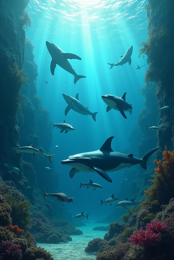 whale, dolphin, killer whale, the cough, swordfish, herring, sunfish, hammerhead fish, fever, Slope, White Shark, tar, Sea turtle, flying fish, tuna.